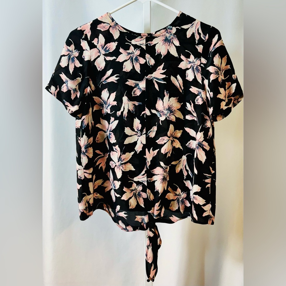 Madewell Lightweight‎ Semi-Sheer 100% Silk Black & Pink Floral Print SS Sz XS